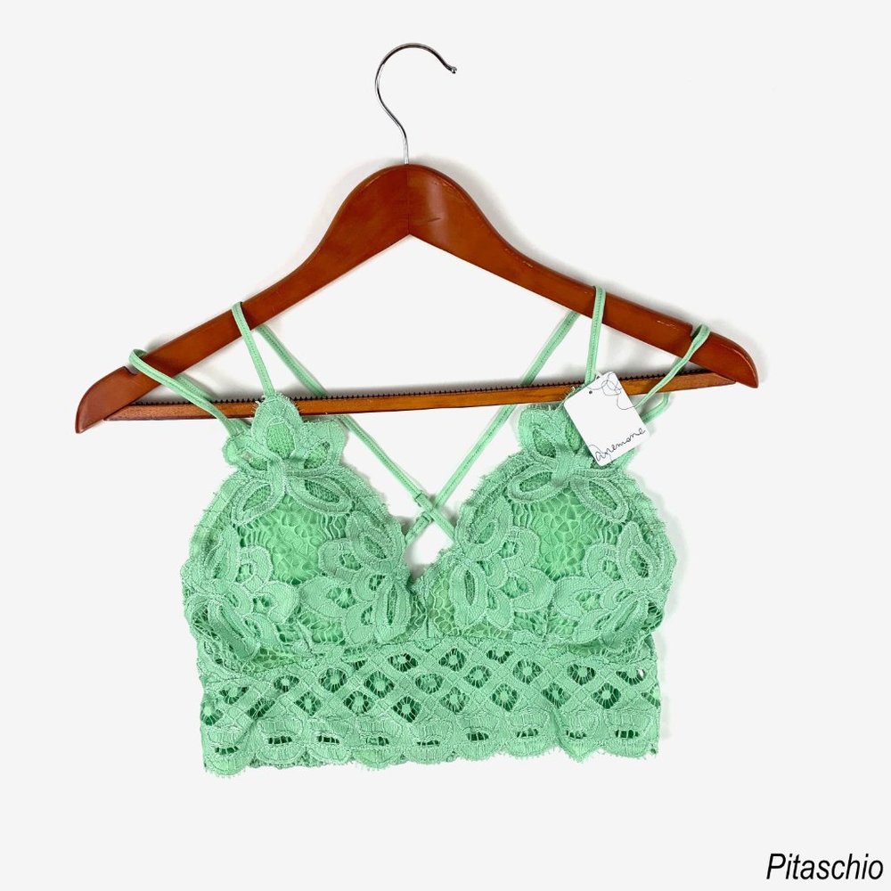 Anemone Pistachio Padded Adjustable Spaghetti Strap Elastic Back Lace Bralette